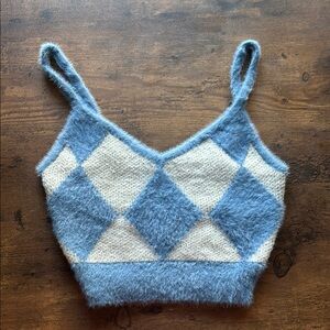 Blue and Cream Argyle Knit Women's Top